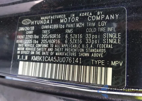 2018 Hyundai Kona Se from USA, damaged, VIN KM8K1CAA5JU076141
